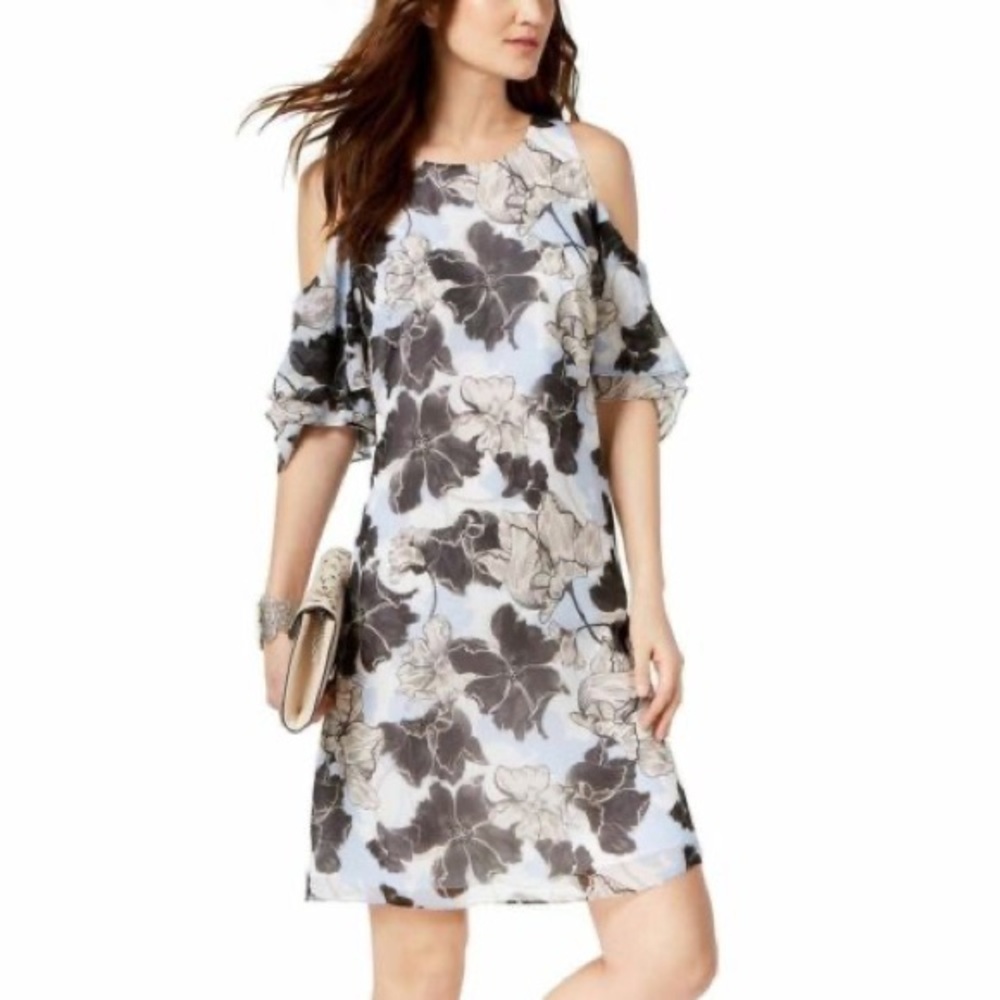 INC Blue Floral Printed Cold-shoulder Black and Blue Short Casual Dress Large P